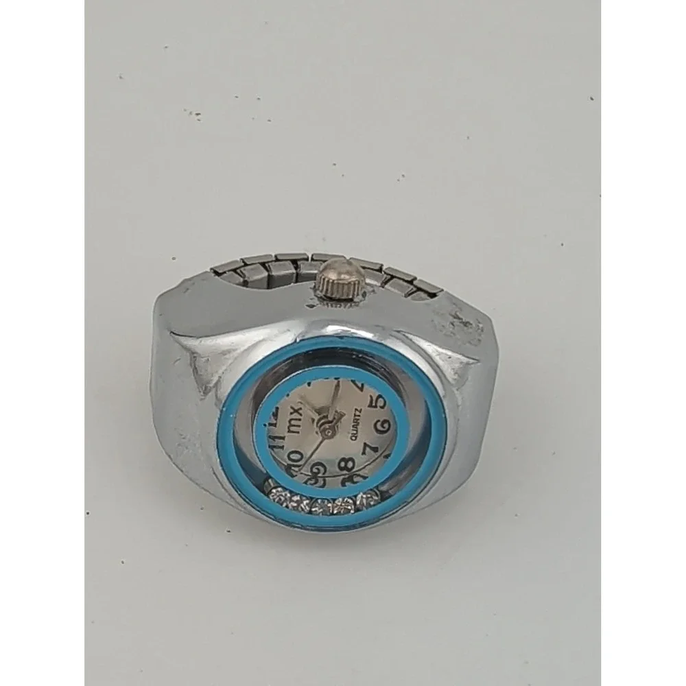 MX Ring Watch 19mm Case Floating Crystals Silver Stretch Band- New Battery